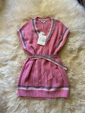 CHANEL 2023 Pink Cable Knit V-Neck Dress with Belt New with Defect 40